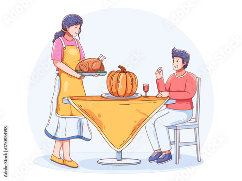 Illustration of festive Thanksgiving dinner with a woman serves a roasted turkey while a man waits at the dining table with a pumpkin and drink on top table. .
