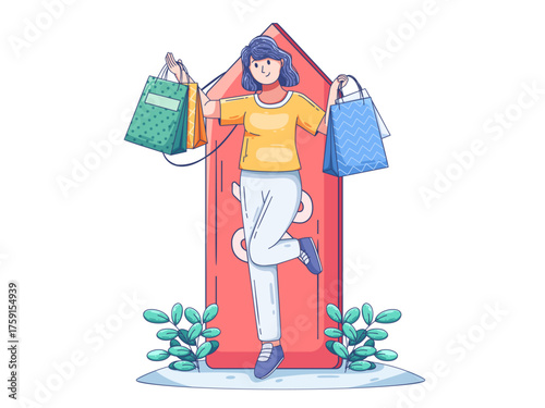 seasonal discount sale promotion with woman holds several shopping bags while standing front of big sale discount tag. perfect for e-commerce campaigns and related shopping and consumer behavior