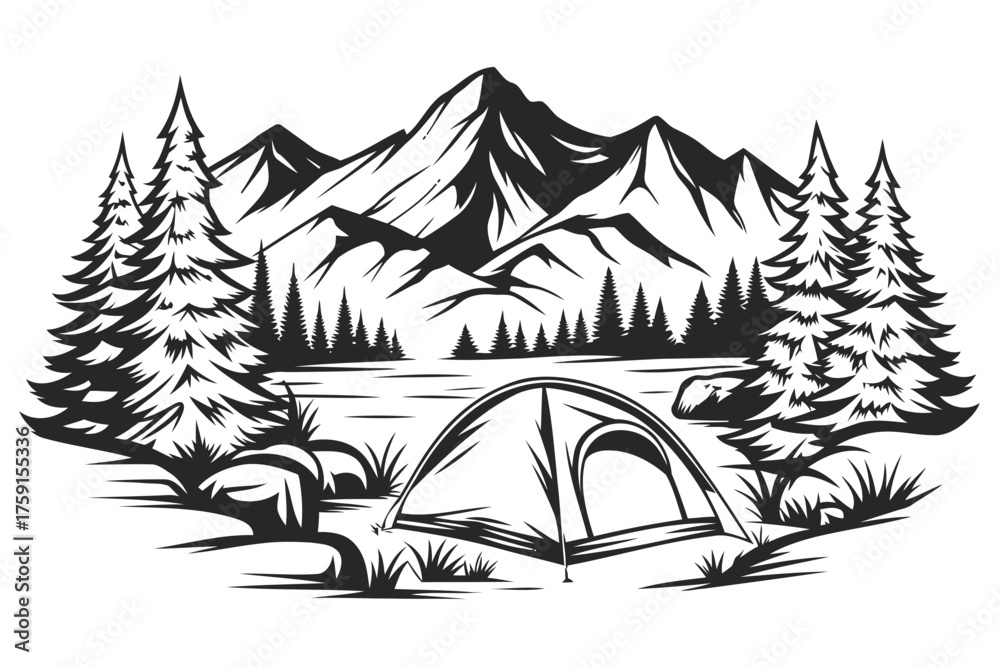 Fototapeta premium Serene mountain landscape with tent and pine trees outline artwork