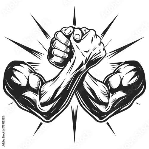 Powerful arm wrestling contest dynamic tension and strength symbolism black and white artistic depiction