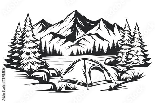 Serene mountain landscape with tent and pine trees outline artwork
