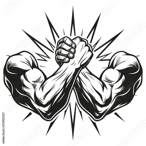 Two muscular arms locked in a fierce arm wrestling match strength competition