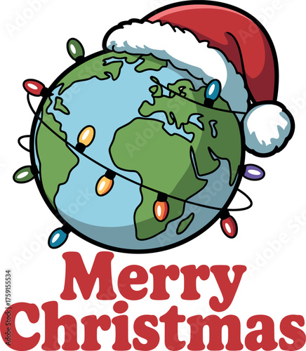 Earth wearing Santa hat with Christmas lights planet