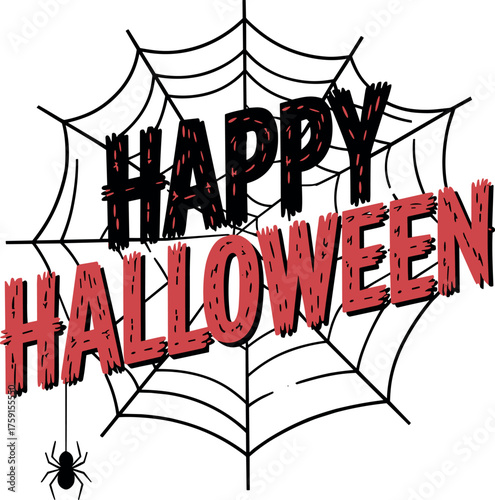 Happy Halloween text on spider web with hanging spider