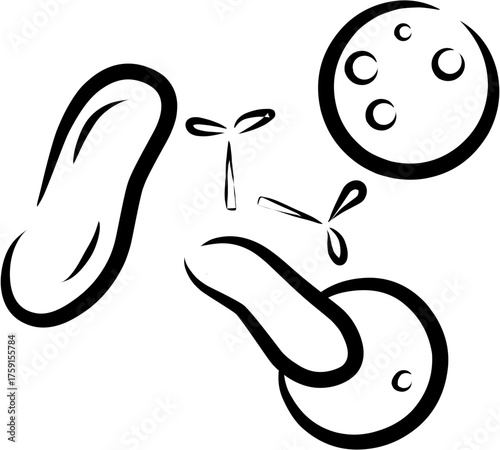 A black and white line art illustration of abstract biological forms and cells.