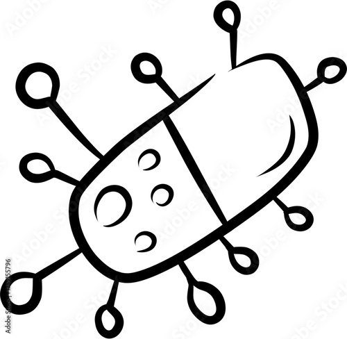 A detailed black and white illustration of a virus cell with multiple protrusions and a segmented body.