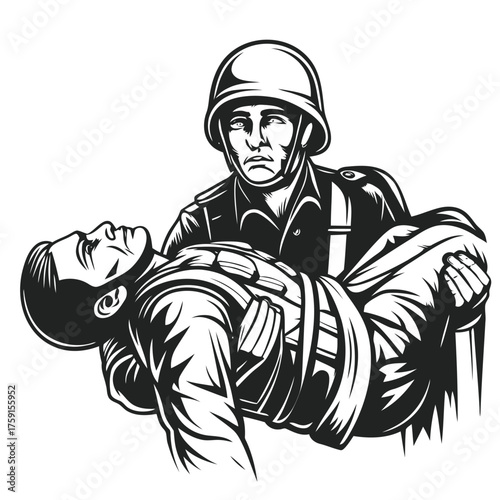 Heroic soldier carries fallen comrade battlefield rescue scene dramatic military image