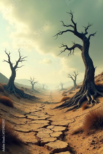Desolate Landscape Cracked Earth, Twisted Trees, and Dancing Dust Devils Under a Pale Sky