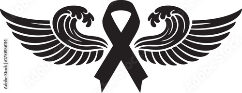 Black Awareness Ribbon with Wing and Wave Design – Memorial Symbol Vector