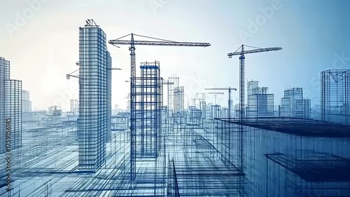 Architectural blueprint of a city construction site with cranes and skyscrapers in a bright setting