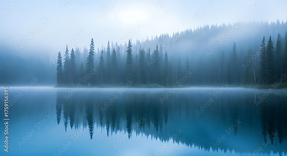 Fototapeta premium Misty dawn over a tranquil lake reflecting a forest of evergreen trees beneath a hazy sky evokes peace