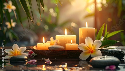 Tranquil spa setting with glowing candles, smooth stones, and tropical flowers surrounded by lush greenery