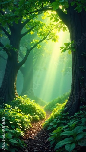 Sunlit Forest Canopy Magical Summer Atmosphere, Dappled Light Illuminates Lush Green Undergrowth, Perfect for Nature, Fantasy & Environmental Themes