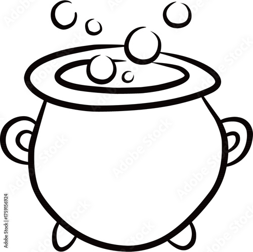 Simple black and white line art drawing of a bubbling cauldron, perfect for a Halloween or magic-themed design.