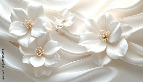Elegant arrangement of white flowers on a soft, flowing fabric background, creating a serene atmosphere