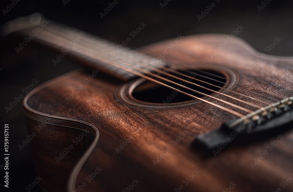 Fototapeta premium A close-up shot of an acoustic guitar, strings stretching towards the focus point
