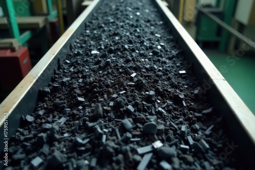 Industrial Tire Plastic Recycling Conveyor belt carrying shredded tire plastic towards processing machinery. An industrial view of a wide conveyor belt densely packed with shredded tire plastic. The