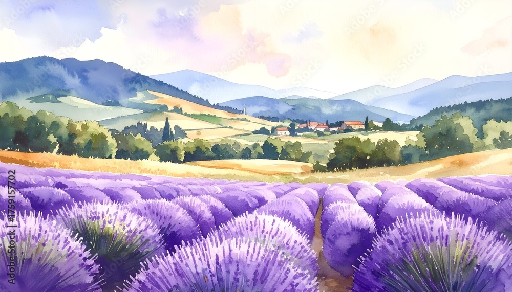 Obraz premium Vibrant lavender fields in a serene countryside landscape under a pastel sky with distant mountains