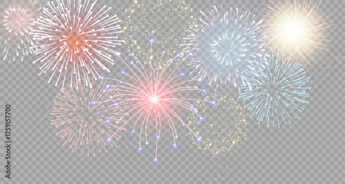 set of isolated vector fireworks on a transparent background.