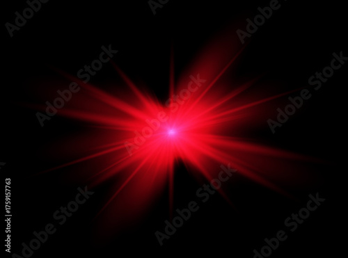 Red light effect reflections, neon illumination in red colors. Bright light lens. Police light effects, lines. Shiny stars, glowing sparks on a black background.