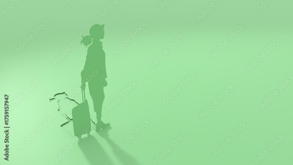 Naklejka premium Woman silhouette. Young female traveler walking with baggage goes on vacation. Concept of an urban transportation and travel or lifestyle blogs. Paper cut style. 3D render.