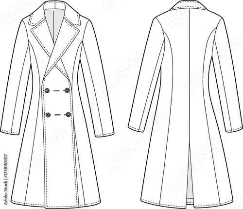 Cad drawing flat vector illustration, technical fashion sketch, double-breasted overcoat front and back view, garment construction, 