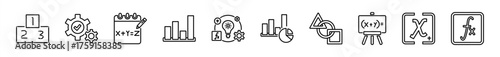 Mathematics icon set collection in outline style. Icon pack contains Mathematics, number, operation, equation, statistics, logic, graph, geometry, algebra, variable, function