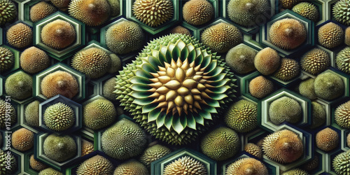 This is a background texture created from durian fruits, which have been arranged in a hexagonal pattern.