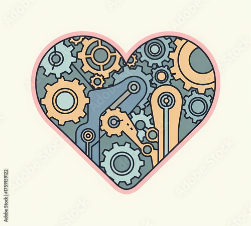 Stylized illustration of a heart filled with interconnected gears and mechanical components in a soft blue, teal, and pale yellow color palette, outlined in pink.