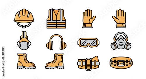 Personal protective equipment for construction workers, suitable for safety training and industrial illustrations.
