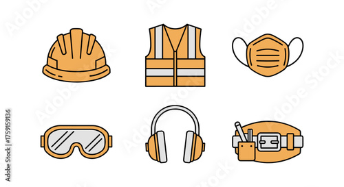 Safety gear and construction tools, suitable for industrial, construction, and manufacturing concepts.