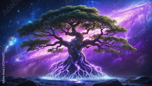 Tree of Life Fantasy Painting with Cosmic Galaxy Glow