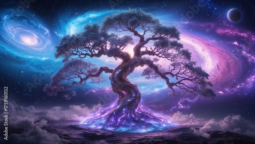 Fantasy Tree of Life Surrounded by Cosmic Lights