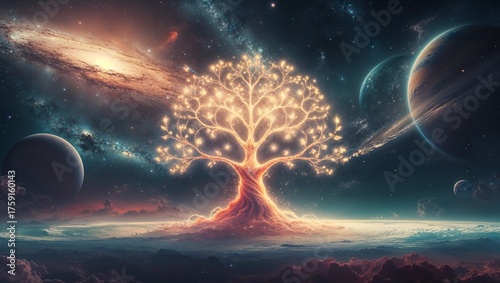 Mystical Tree of Life Cosmic Scene Digital Artwork