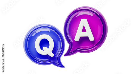 Glossy 3D icons of a blue speech bubble with the letter Q and a purple speech bubble with the letter A representing questions and answers