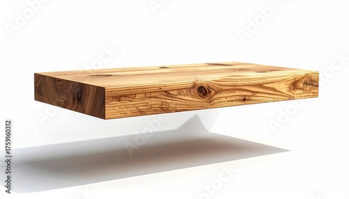A Textured Wooden Plank Floats With Subtle Shadow Underneath Against A Clean White Background Showcasing Natural Wood Grain Patterns and Detailed Surface Imperfections in Soft Natural Light
