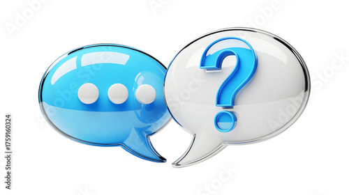 A white speech bubble with a blue question mark next to a blue speech bubble with typing dots symbolizes a query awaiting a response in a digital chat or support forum