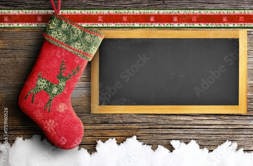 Christmas Stocking Hanging on Wood Wall with Blackboard
