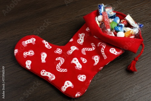 Christmas Stocking Filled With Candy on Wooden Background.