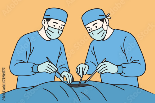 Vector design portraying two medical doctors engaged in surgery, created with soothing calm colors to represent focus, care, and clinical professionalism.