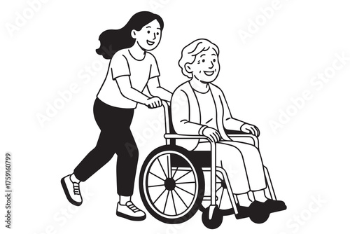 A detailed black and white vector showing a young female caregiver assisting an old lady in a wheelchair, outlined clearly in black lines.