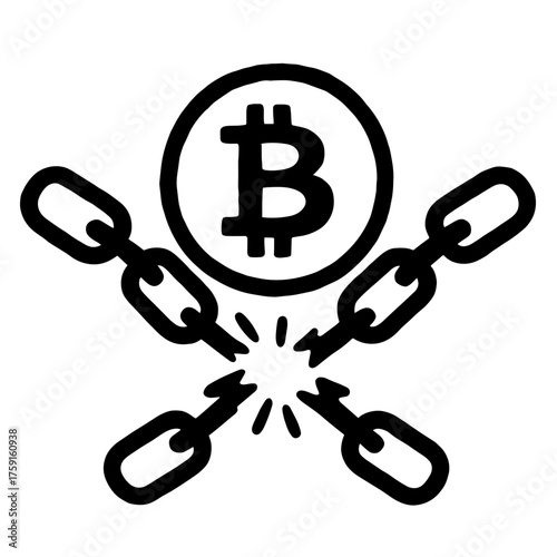 Broken chains with bitcoin icon symbolizing cryptocurrency freedom
