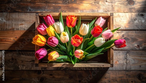 A Colorful Assortment of Tulips in Various Shades of Pink Yellow Red and White Arranged in a Wooden Crate on a Rustic Planked Background with Dramatic Side Lighting Casting Shadows