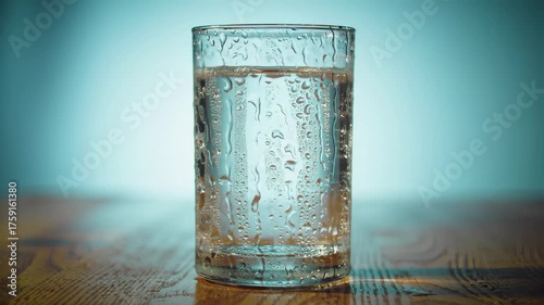A tall glass, beaded with condensation, stands on a wooden surface, set against a turquoise backdrop