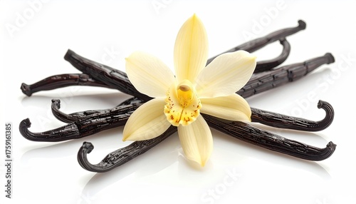 A delicate vanilla flower with dark vanilla pods arranged on a white background with soft lighting highlighting the texture and details