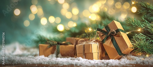 Christmas Gifts with Ribbon and Pine Branch, Winter Holiday Concept.
