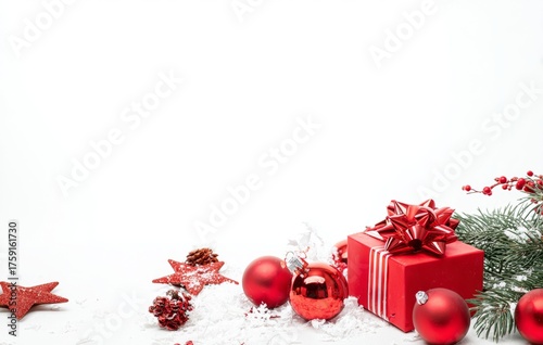 Red Christmas Decorations Isolated on White Background.