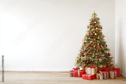 Decorated Christmas Tree with Gifts on Wooden Floor
