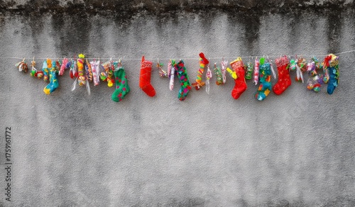 Colorful Christmas Stockings and Candies Hanging on a Clothesline.