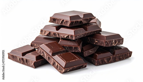 A pile of dark chocolate bar squares with visible cocoa nibs scattered on a clean white background, studio lighting highlighting the rich texture and glossy surface of the confection.